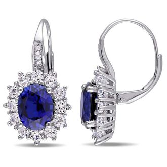 Amour Halo Diamond and 8.06 CT TGW Created Blue and White Sapphire Leverback Earrings In Sterling Silver