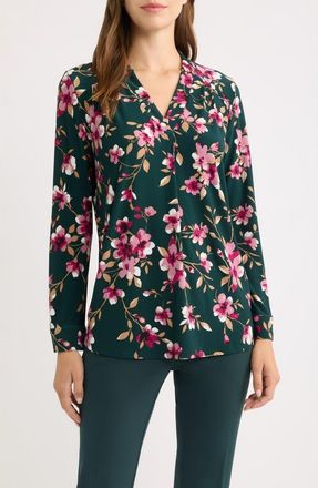 Anne Klein Printed Notched V-Neck Long Sleeve Top in Treeline Multi at Nordstrom, Size Xx-Small
