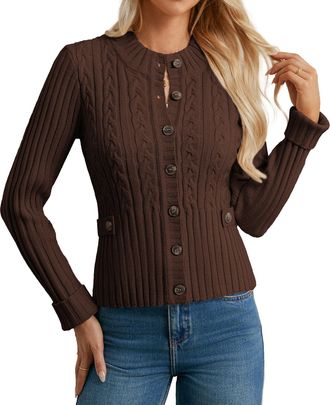 Grace Karin Womens Stand Collar Buttons Cardigans Elegant, Slim Fit Chunky Cardigans for Women UK, Autumn Winter Jackets Outwear Brown XL