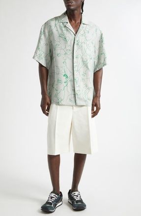 Bottega Veneta Doodle Print Twill Short Sleeve Button-Up Shirt in 1382 Pearl Grey/Grass at Nordstrom, Size 36 Us