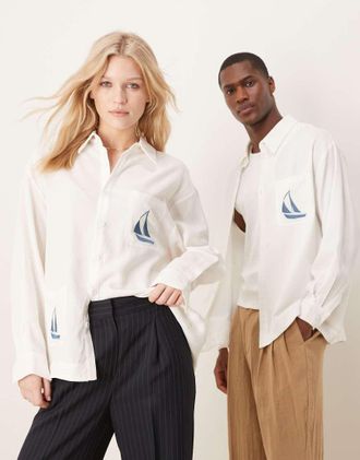 Sister Jane Sister Jane Unisex sailboat embroidered shirt in ivory-White