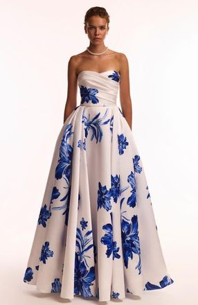 Milla Strapless A-Line Floral Formal Occasion Maxi Dress in White & Blue in White-Blue at Nordstrom, Size 6