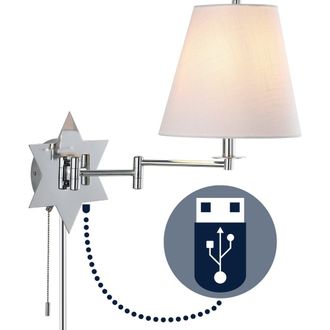 Jonathan Y Designs David 1-Light Modern French Country Swing Arm Plug-In or Hardwired Iron LED Star Wall Sconce with Pull-Chain and USB Charging Port in