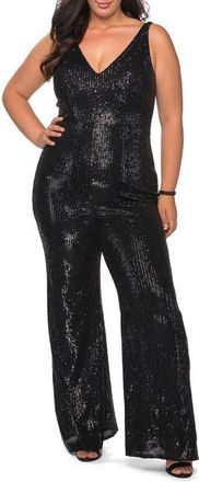 La Femme Sequin Plus SIze Jumpsuit with Plunging Neckline in Black at Nordstrom, Size 12W