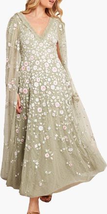Needle & Thread Ethereal Blooms Cape Sleeve Ankle Gown in Aloe/multi at Nordstrom, Size 12