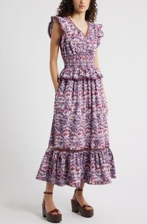 Treasure & Bond Floral Flutter Sleeve Peplum Dress in Pink- Blue Daisy Tapestry at Nordstrom Rack, Size Xx-Small