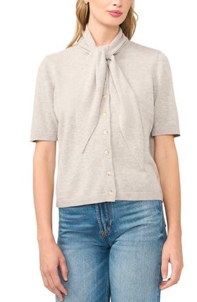 CeCe by Cynthia Steffe Tie Neck Short Sleeve Cardigan in Warm Grey at Nordstrom, Size X-Large