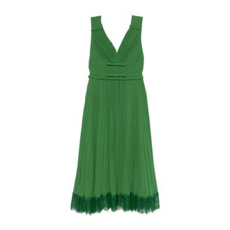 Self Portrait Gekreukelde Midi Jurk met Kantafwerking - Dames - Jurken - Groen - Maat: XS Taf