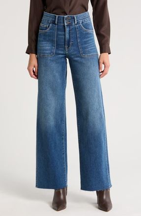 Hidden Jeans Raw Hem Patch Pocket High Waist Wide Leg Jeans in Dark Wash at Nordstrom, Size 26