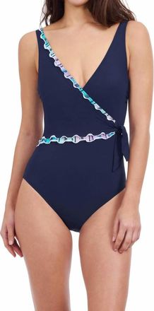 Gottex Standard Harmony Striped Print Ruffle Trim Halter Tankini Bathing Suit In Blue