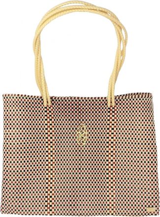 Lola's Bag Womens Travel Woven Checkered Tote Bag With Clutch In Beige Multi