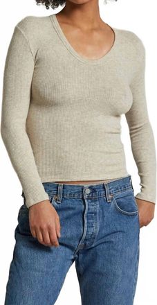 perfectwhitetee Whitney Sweater Rib U Neck Long Sleeve In Heather Oatmeal