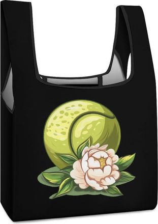 Generic Tennis Ball with Floral Graphic Shopping Bag Reusable Grocery Tote Bag Foldable Handbag for Travel Picnic