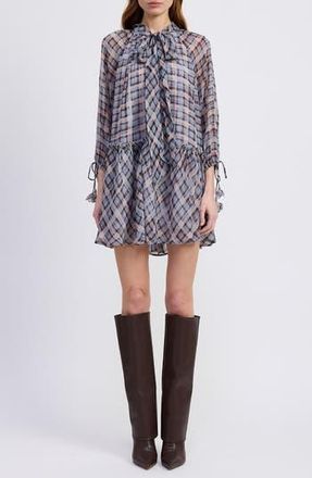 En Saison Briar Plaid Long Sleeve Minidress in Dusty Blue Brown at Nordstrom Rack, Size Large