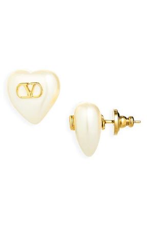 Valentino Garavani VLogo Signature Faux Pearl Heart Stud Earrings in Gold/White at Nordstrom