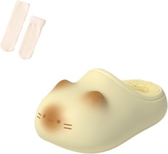 Generic Cat Slippers Womens Cute Cat Slippers with Plush Liner Waterproof Funny Animal Slides Warm Kawaii Gifts (Yellow Classic, M, Adult, Women, 4.5, Numeric