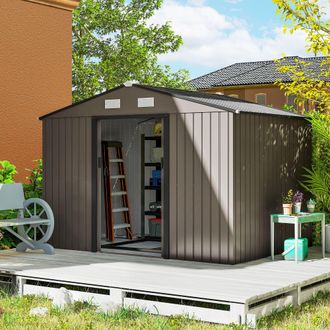 OUTSUNNY Garden Shed Storage Unit w/ Locking Door Floor Foundation Vent in Brown
