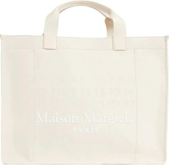 Maison Margiela Witte Katoenen Schoudertas met Handtekening Motief - Heren - Shoppers - Beige - ONE Size - Katoen - Tassen