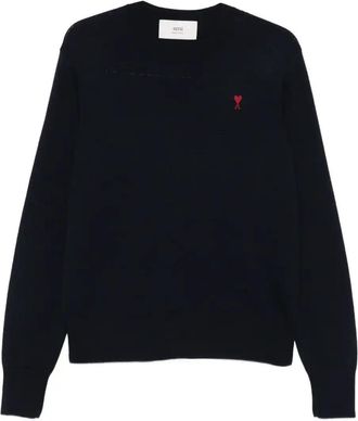 Ami Navy Blue Crew Neck Sweater With Heart Embroidery