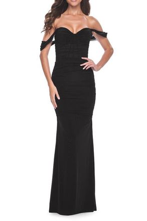 La Femme Off the Shoulder Net Jersey Dress with Ruching in Black at Nordstrom, Size 00