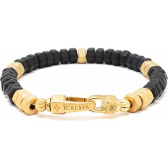 Nialaya Hexagon Onyx Beaded Gold Bracelet in Black Onyx /Gold at Nordstrom, Size X-Large