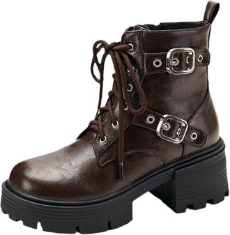 Generic Womens Edgy Leather Ankle Boots Round Toe Chunky Block Heels Lace Up Buckle Decor Comfortable Non Slip Daily Casual Streetwear Shoes,Brown,6.5 UK