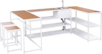 Beliani Conjunto De Cocina De Exterior De 6 Piezas Acero Blanco Encimeras De Madera Pl&aacute;stica Mesa De Bar 2 Plazas Y Mueble Con Fregadero Monomando Avetrana