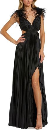 Mac Duggal Pleated Feather Cap Sleeve Open Back Gown