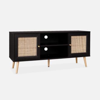 Sweeek Sweeek - Mueble Tv De Ca&ntilde;a Trenzada, 120cm, Boheme, Negro, 120x39x56.5 Cm