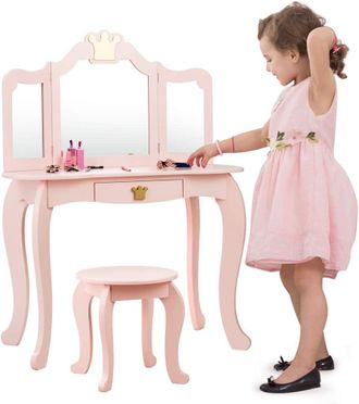 Costway Costway - Set Toeletta Trucco E Sedia Per Bambine - Smontabile Specchio E Cassetto, Toletta Trucco 2 In 1, 80 X 42 X 105 Cm, Rosa