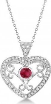 Allurez Ruby Gemstone Filigree Heart Pendant in 14K White Gold (0.44ct)