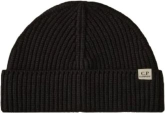 C.P. Company fisherman ribbed logo-patch beanie hat - men - Wool - One Size - Black