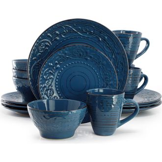 Elama Malibu Deep Ocean 16-Piece Stoneware Dinnerware Set in Blue at Nordstrom
