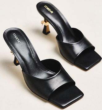 Maeve Metal Bow Open-Toe Mule Heels