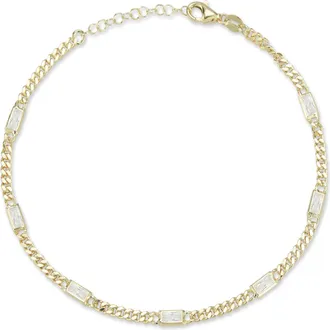 Glaze Jewelry Sterling Silver Baguette Station Curb Anklet