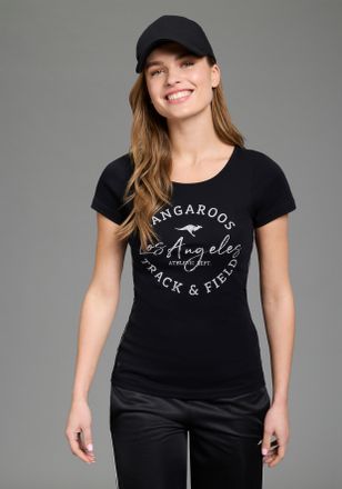 Kangaroos Print-Shirt KANGAROOS, Damen, Gr. 32/34, schwarz, Rippware, Obermaterial: 100% Baumwolle, bedruckt, kontrastfarbene Details, sehr figurbetont h&uuml;ftbede