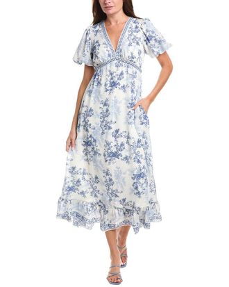 Max Studio Bubble Sleeve V-Neck Empire Waist Midi Dress