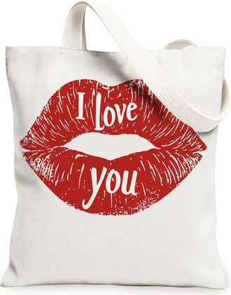 Generic Kiss Print Canvas Tote Bags, Love Design Reusable Grocery Bags, Valentines Day Vintage Chic Washable Shoulder Strap Canvas for Travel 13x15 Inch