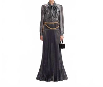 Self Portrait Metallic Pussy Bow Dress In Grey