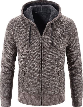 Generic Mens Thick Knitted Hoodie Jacket, Full-Zip Winter Sweater, Warm Hooded Cardigan, Fleece Lined Heavy Knitwear, Casual Outdoor Zip-Up Coat, Soft Thermal