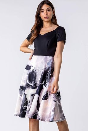 Roman Contrast Floral Print Fit & Flare Dress