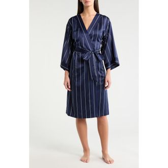 Nordstrom Satin Robe in Navy- White Calm Pinstripe at Nordstrom, Size X-Small
