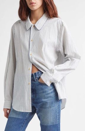 Kuro Quiet Stripe Piped Cotton Button-Up Shirt in White at Nordstrom, Size 2