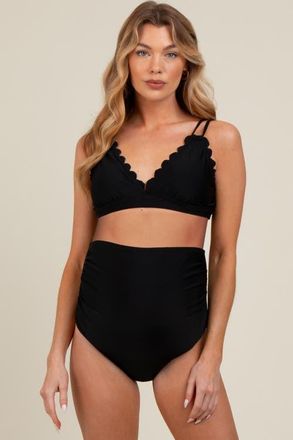 Pinkblush Scalloped V-Neck High Waist Two-Piece Swimsuit in Black at Nordstrom, Size Small