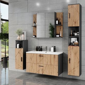 Vicco Set Di Mobili Da Bagno Irma, Antracite/rovere Dorato, 5 Pezzi, Vicco