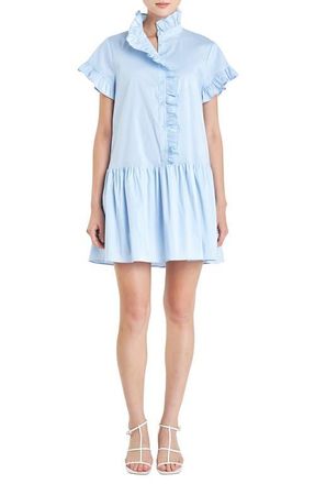 English Factory Ruffle Drop Waist Poplin Minidress in Powder Blue at Nordstrom, Size Large