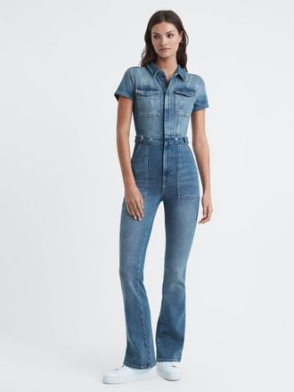 Good American Denim Bootcut Jumpsuit Cotton Plain, Blue Size: L