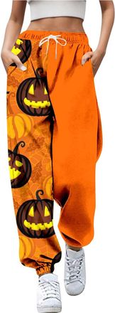 Generic Womens Halloween Sweatpants Funny Fresh Pumpkin Printed Loose Holiday Trousers with Pockets High Waisted Gym Athletic Joggers Pants (B02-Orange, XXXL)