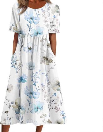 Generic Dresses for Women Summer Short Sleeve Maxi Dress Loose Fit Round Neck Casual Dresses Elegant Vintage Floral Print Long Dress with Pocket Boho Sundress