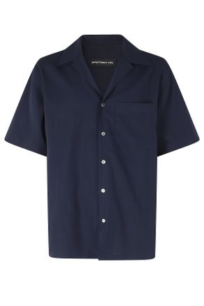 Department Five Navy Blue Cape Camp-Collar Patch-Pocket Cotton Casual Shirt